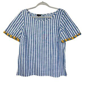 Talbots Pacific Stripe Fringe-Sleeve Top Womens Medium Blue White Cotton Keyhole